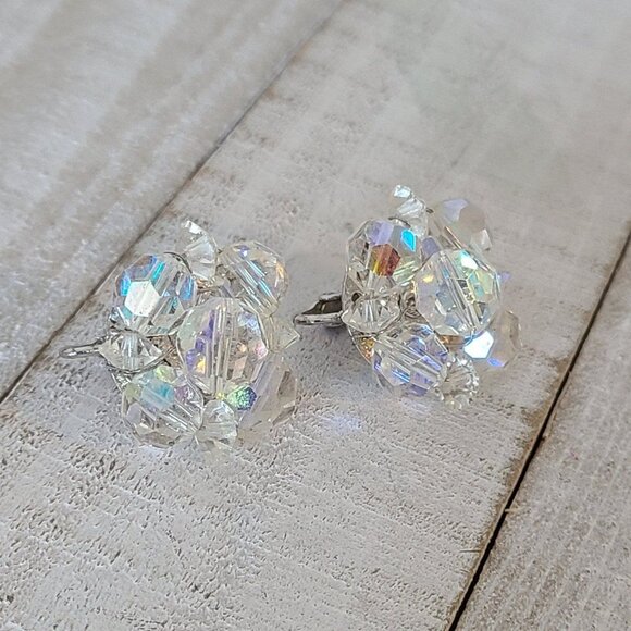 Vintage Coro Signed AB Cluster Earrings Clip On Crystal Silver Tone - Picture 3 of 8